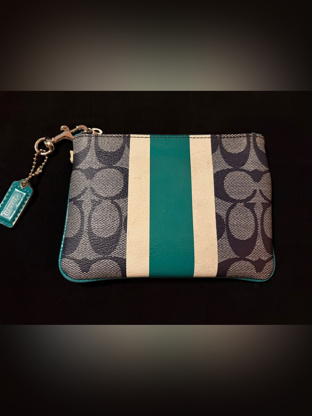New Coach Navy Signature Stripe Teal and Cream Center